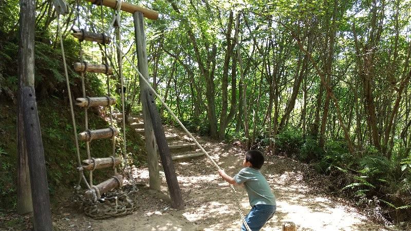 えひめ森林公園フィールドアスレチック5. 鹿野川湖のロープを引っ張り上げる
